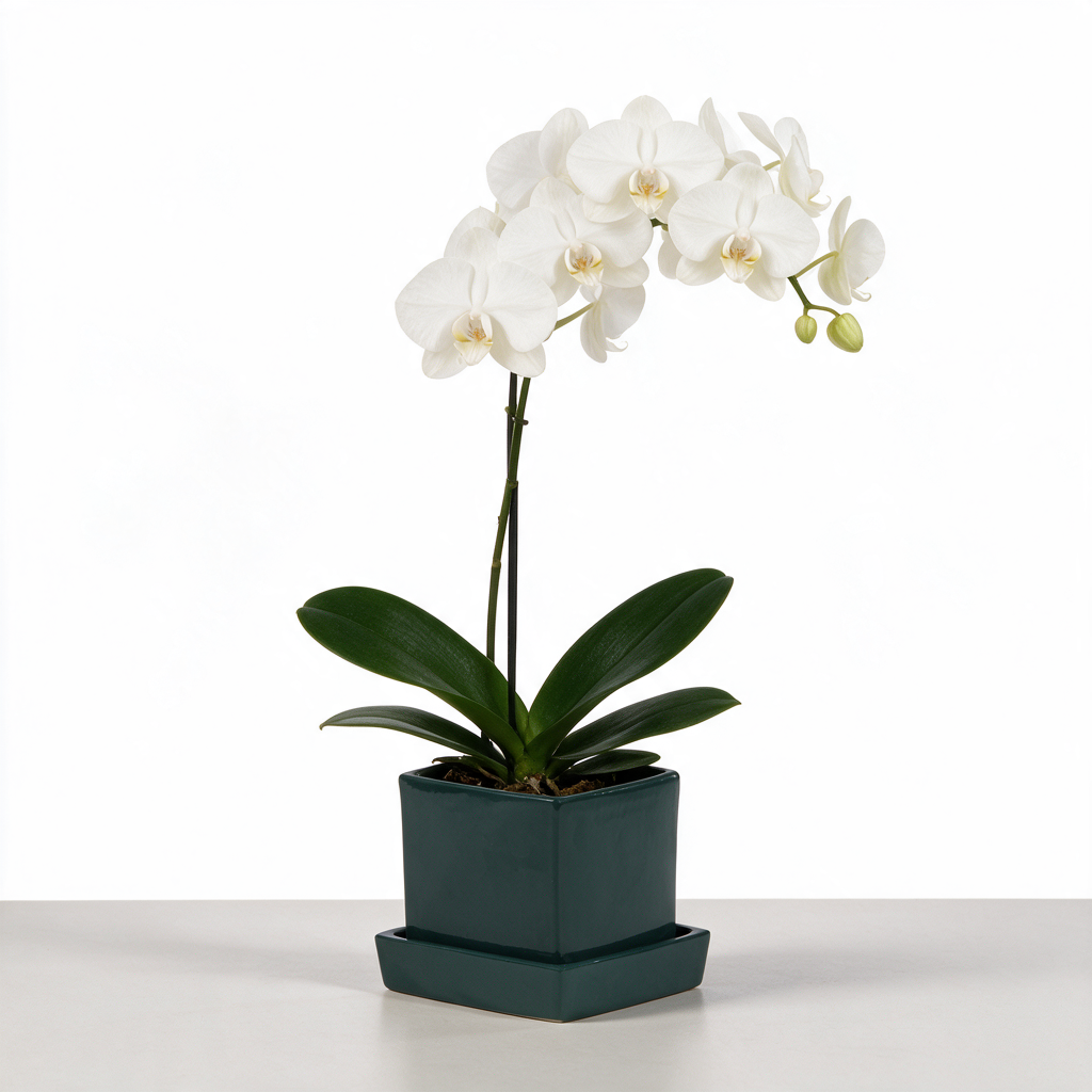 Phalaenopsis Orchid (Phalaenopsis spp.) — Live Moth Orchid in Green Square Planter with Plate