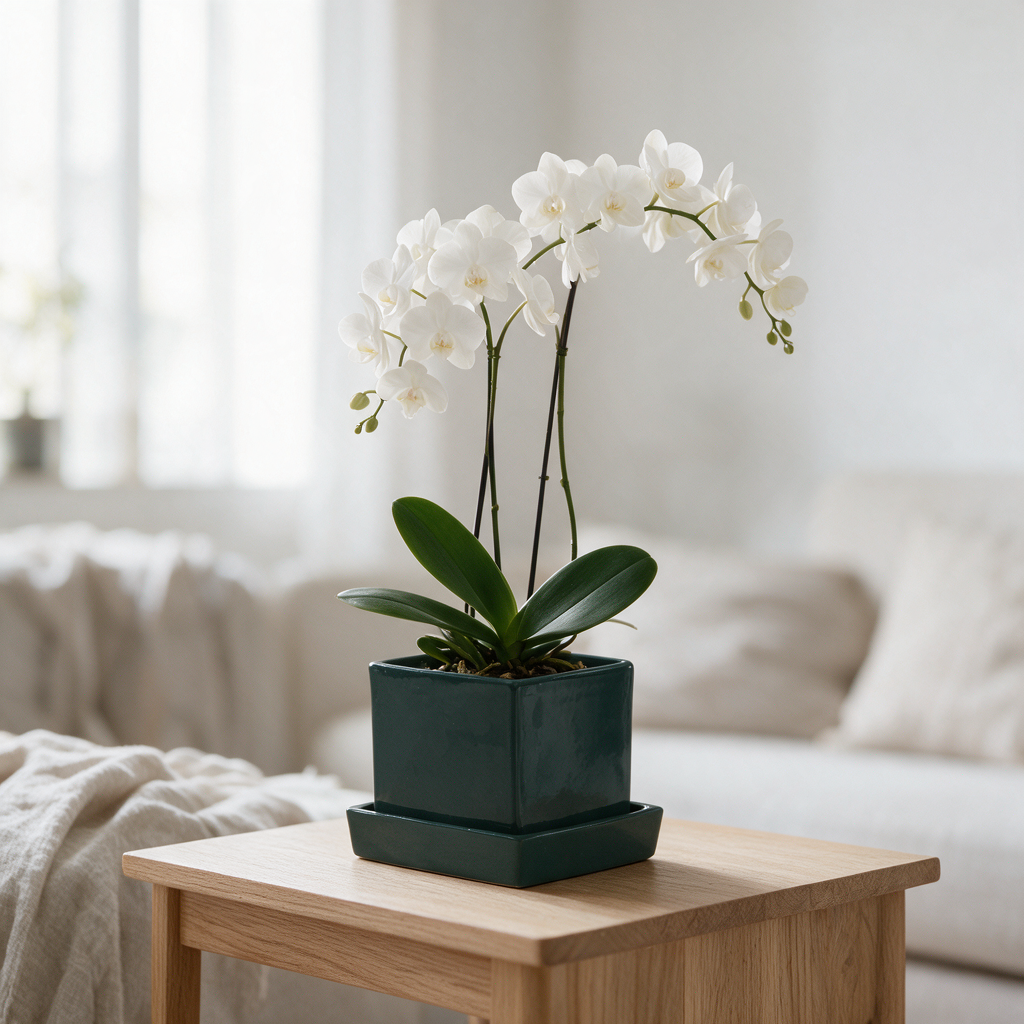 Phalaenopsis Orchid (Phalaenopsis spp.) — Live Moth Orchid in Green Square Planter with Plate